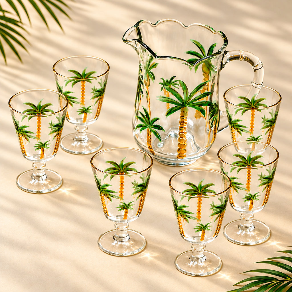 Conjunto 1 Jarra e 6 Taças Cristal de Chumbo Palm Hand Painting - Ela Decora