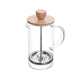 Cafeteira de vidro com tampa de bambu e êmbolo visível