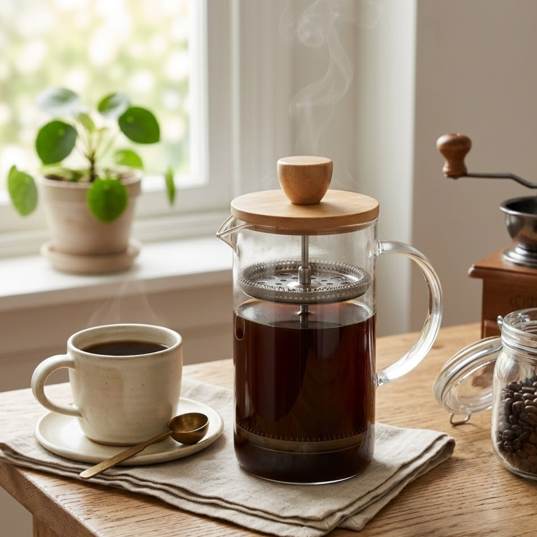 Prensa francesa com café coado em xícara na mesa da cozinha