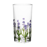 Vista frontal do copo com design floral roxo e verde