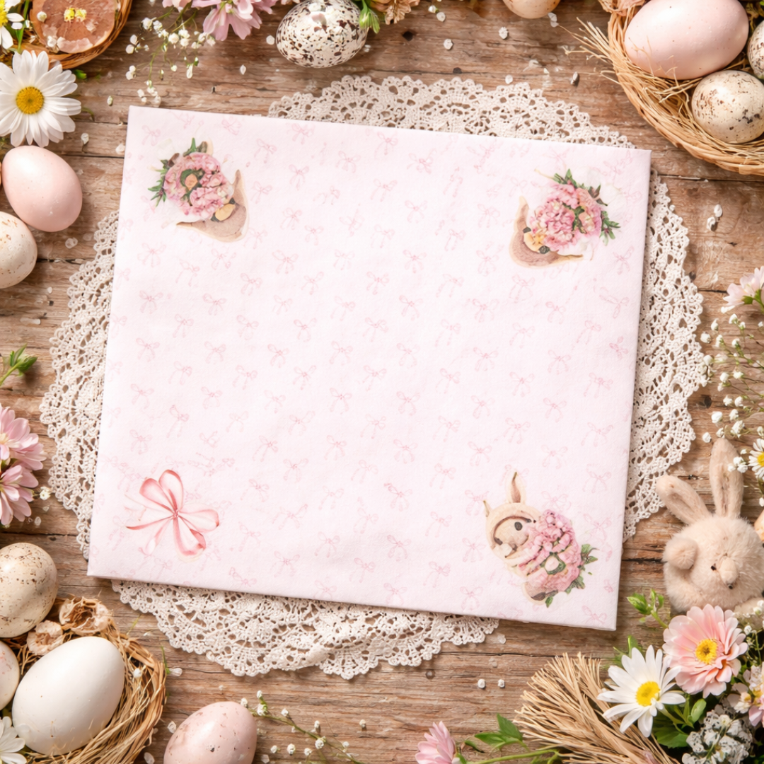 Guardanapo rosa com estampa de flores e laços ao redor de ovos de páscoa