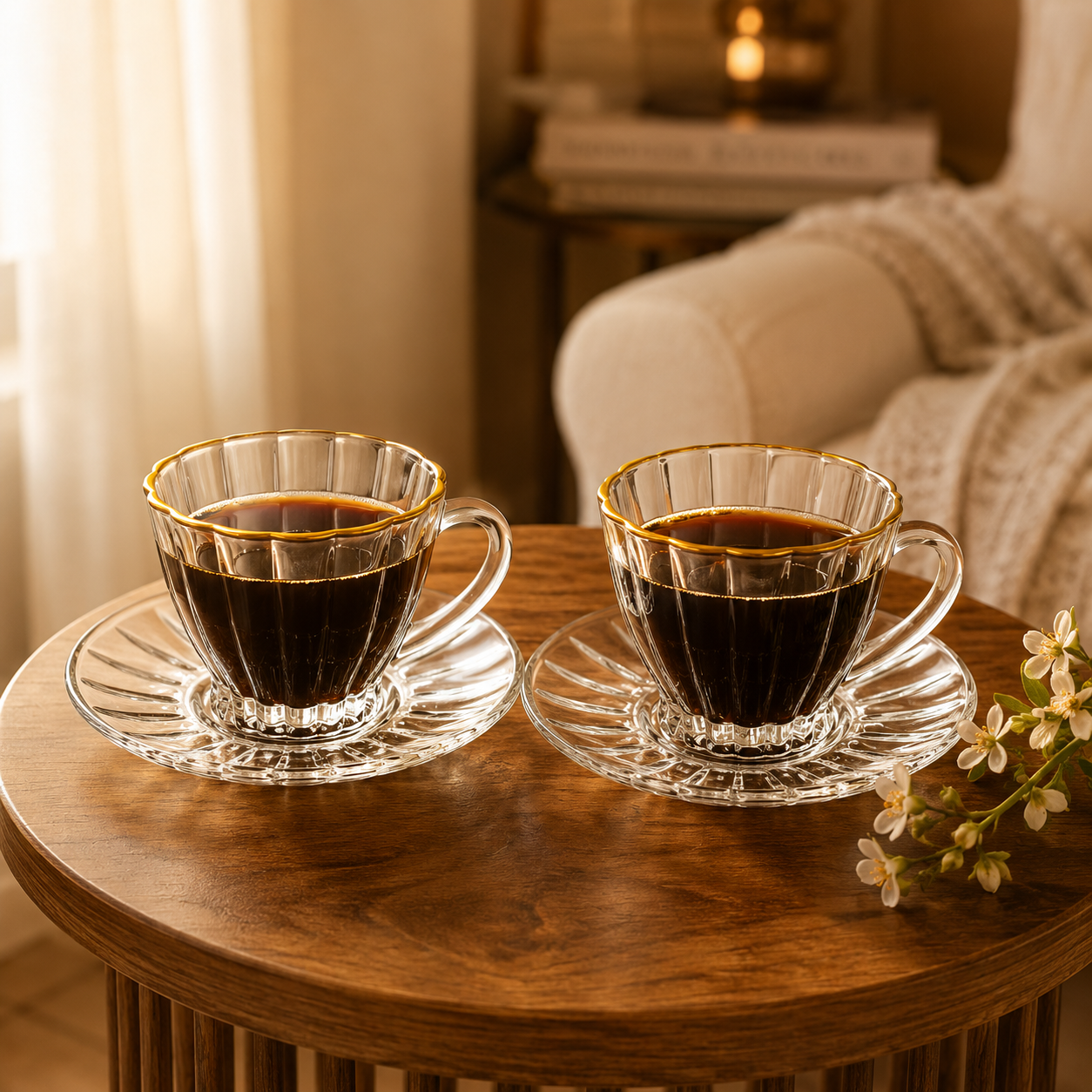 Jogo 2 Xícaras Café com Pires Radial Fio de Ouro 90ml na mesa de café