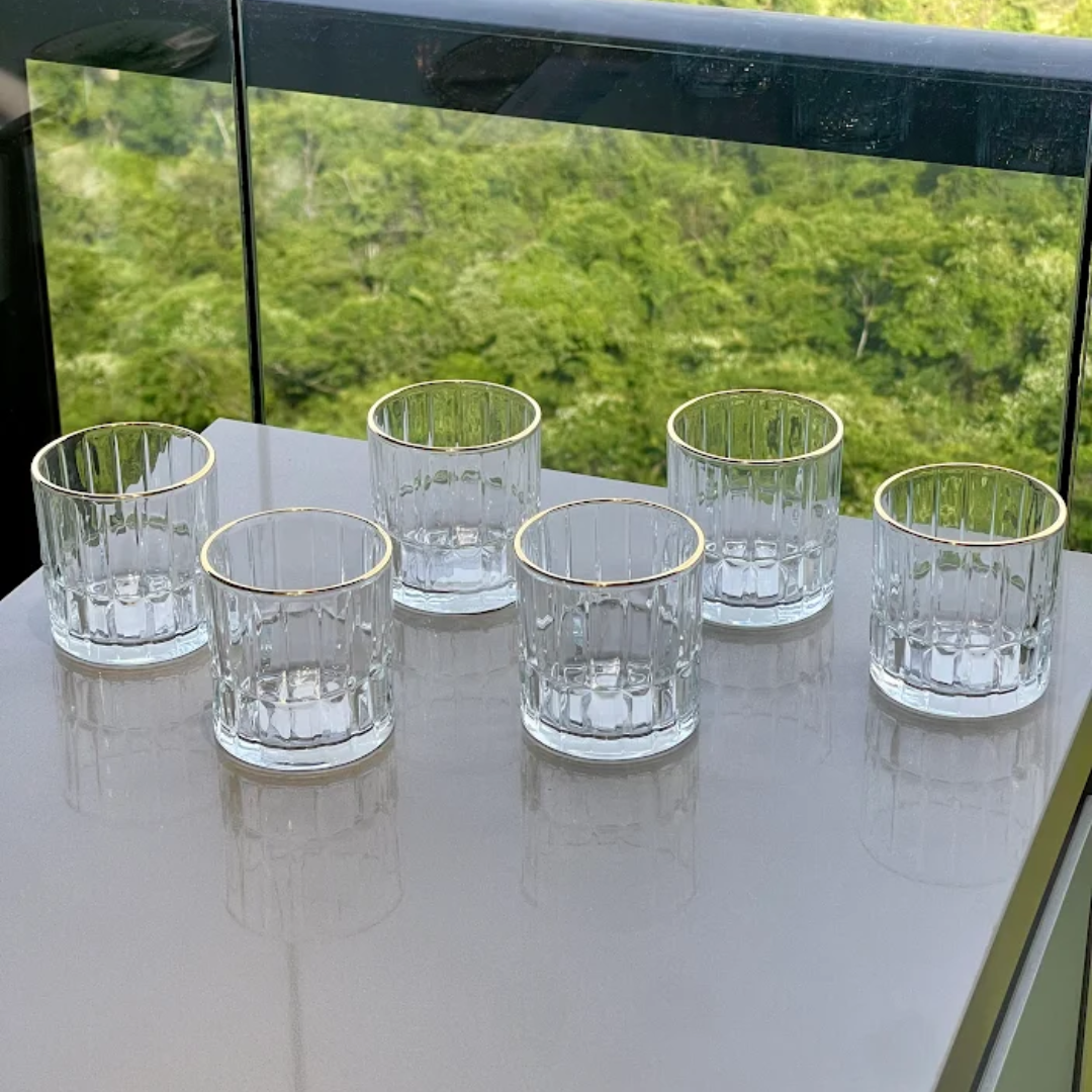 Jogo 6 Copos Baixos de Vidro Cristalle com Borda Dourada 310ml