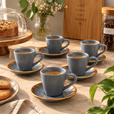 Jogo 6 Xicaras de Café com Pires Azul Filete Amassada 100ml com café