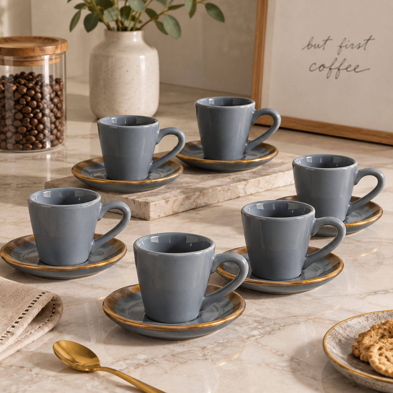 Jogo 6 Xicaras de Café com Pires Azul Filete Amassada 100ml na bancada