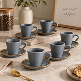 Jogo 6 Xicaras de Café com Pires Azul Filete Amassada 100ml na bancada