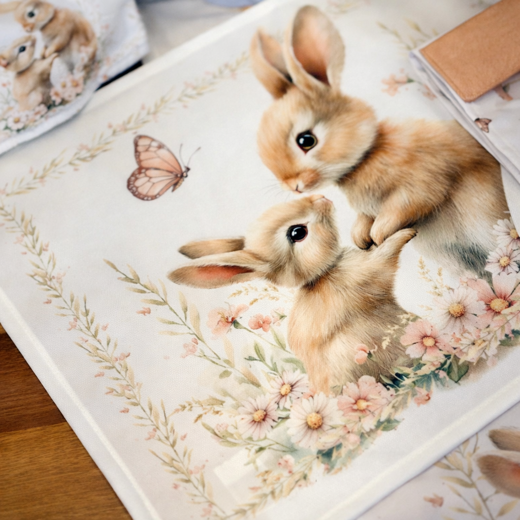 Dois coelhos páscoa em aquarela com flores rosas e borboleta
