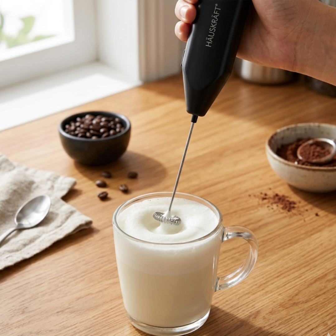 Mixer elétrico preto emulsionando leite em xícara na cozinha