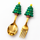 Kit Garfo e Colher para Aperitivo Arvore de Natal Dourado 2 Peças