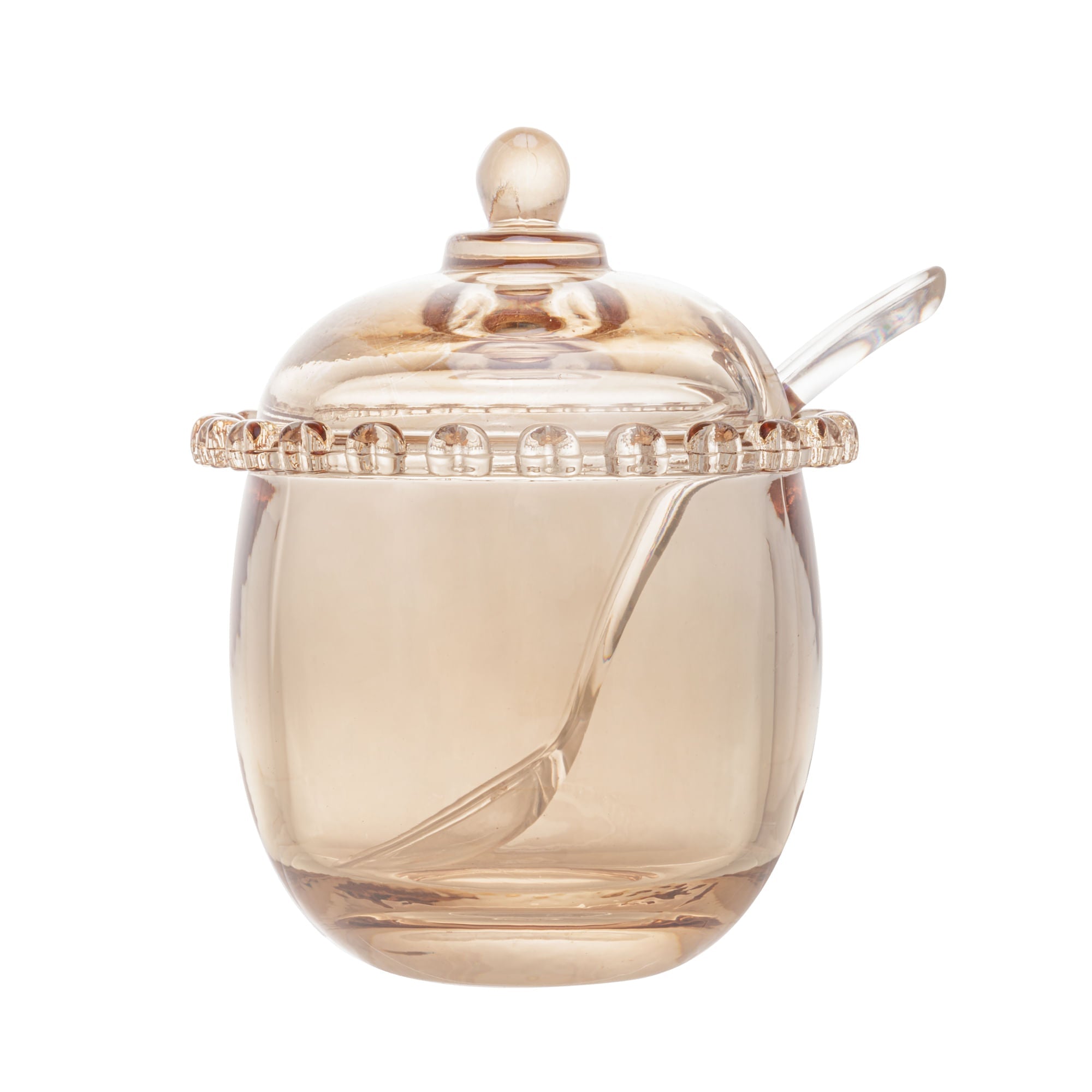 Açucareiro Cristal com Colher Coração Âmbar Metalizado 12cm x 9,5cm - Ela Decora