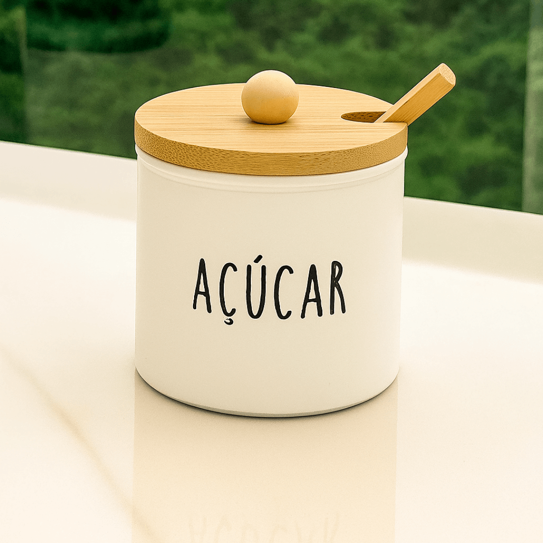 Açucareiro de Vidro Doha com Colher e Tampa de Bambu 300ml - Ela Decora