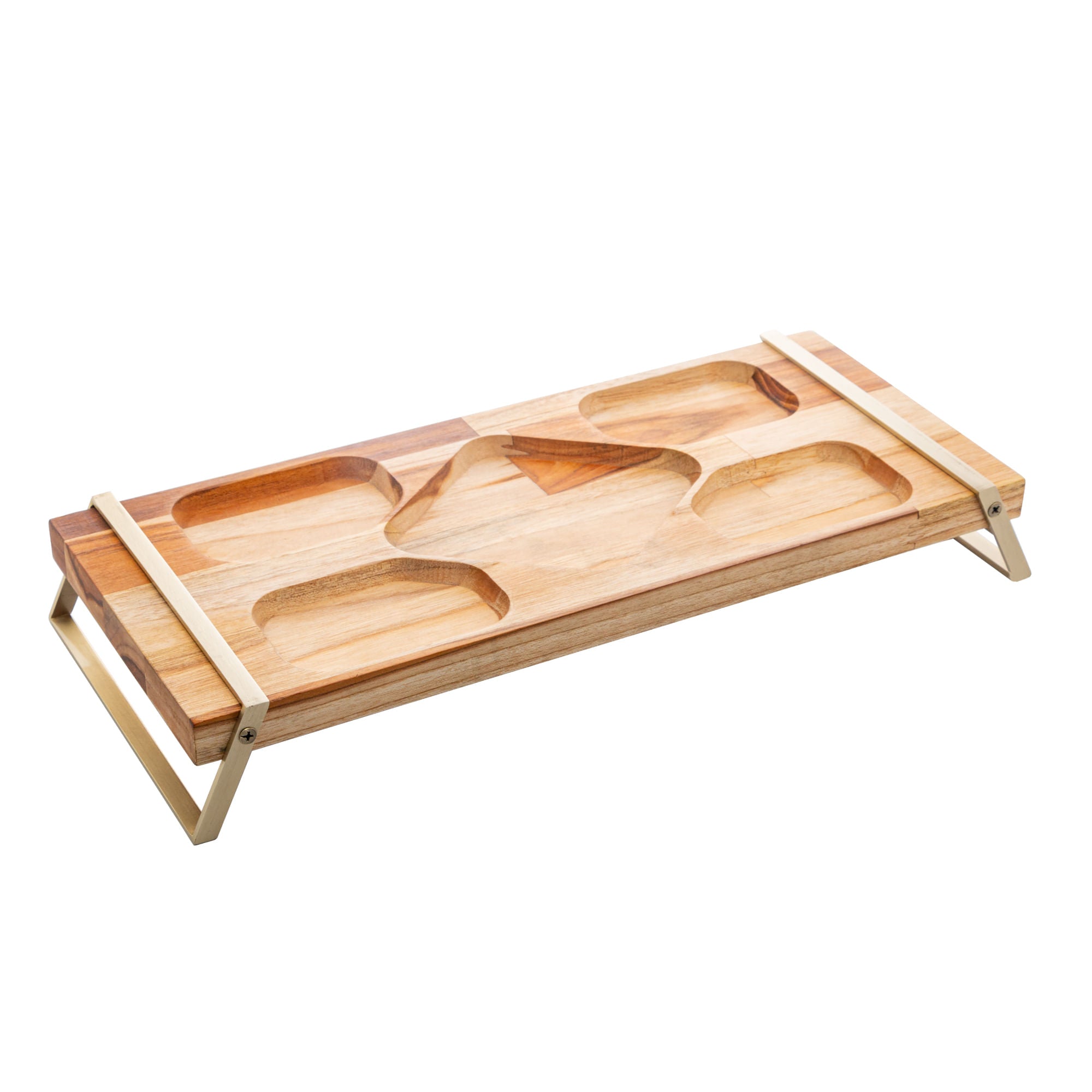 Bandeja de Madeira Teca com Aço Champanhe 41cm - Ela Decora