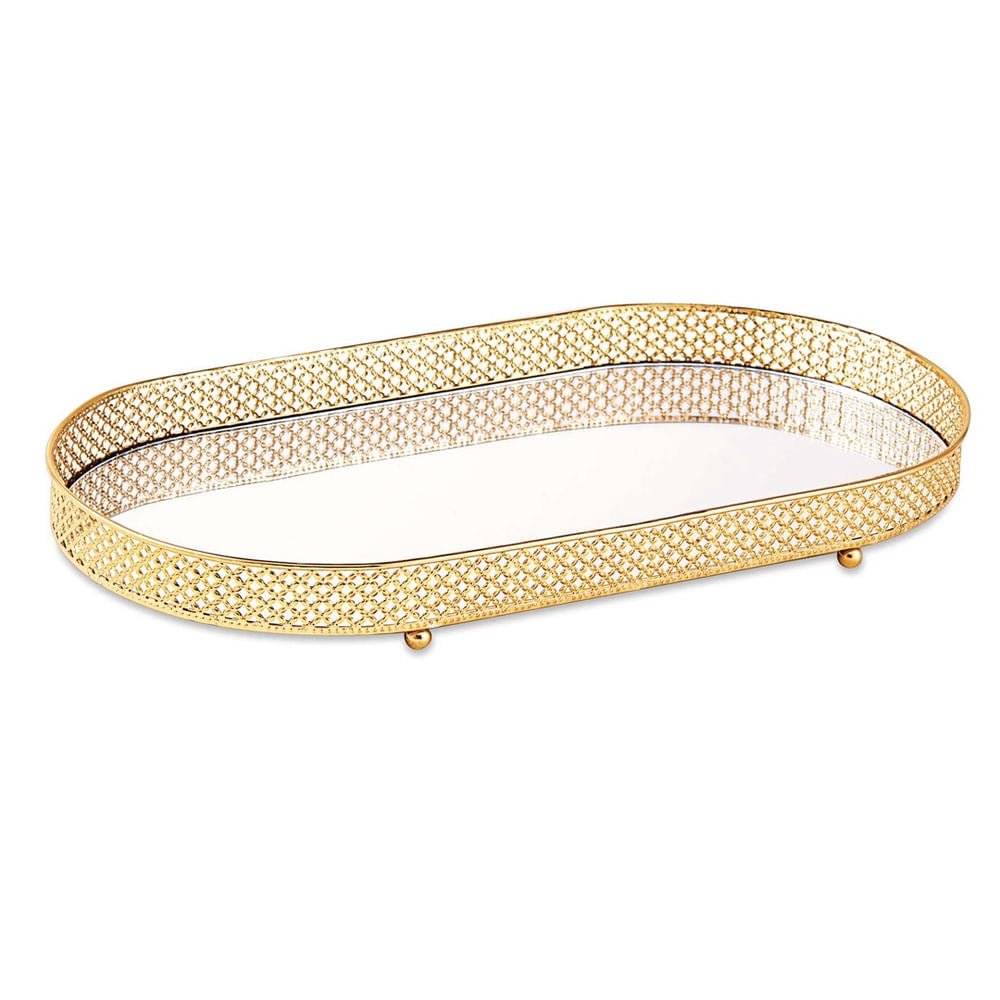 Bandeja em Metal com Espelho Dourado G 38,5cm x 20,5cm x 4cm - Ela Decora