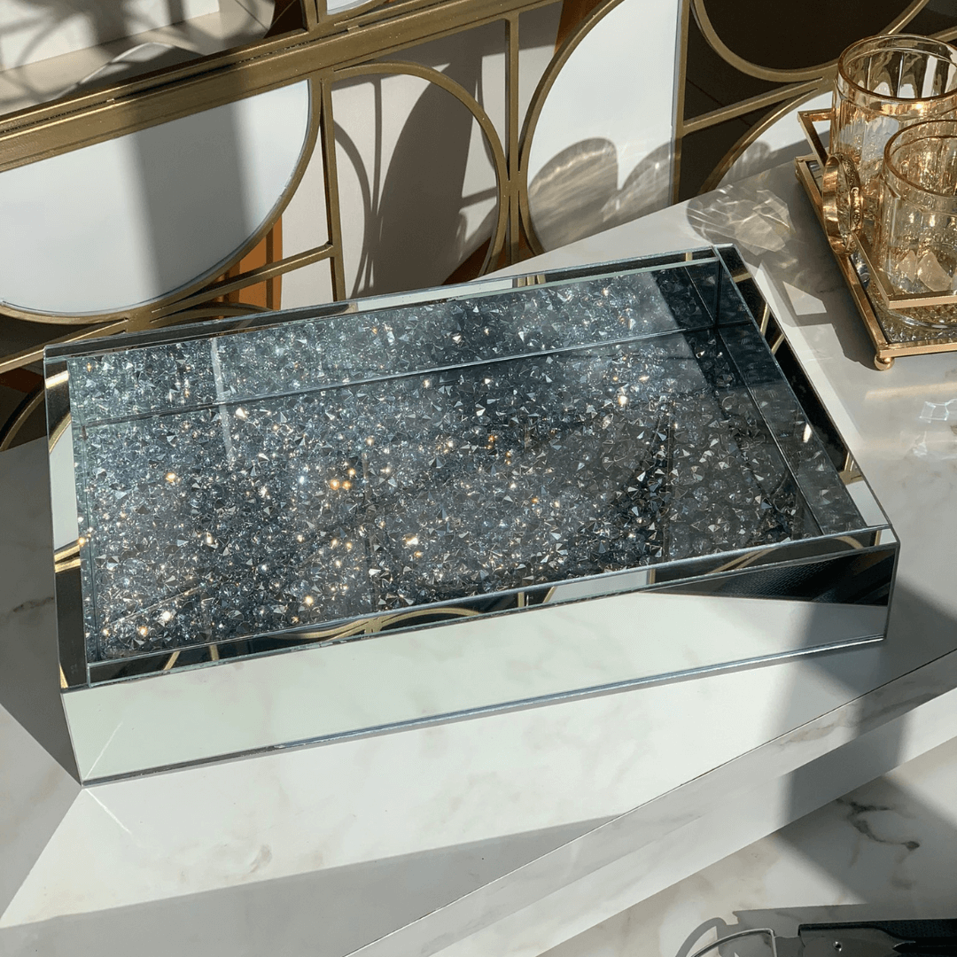 Bandeja Espelhada Retangular Pedraria Cromado 40cm x 25,50cm x 6,50cm - Ela Decora
