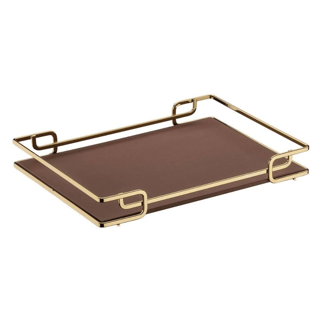 Bandeja Luana com Base de Couro Dourado e Marrom 40cm x 30cm - Ela Decora