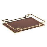 Bandeja Luana com Base de Couro Dourado e Marrom 40cm x 30cm - Ela Decora