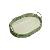 Bandeja Oval de Palha Cestaria com Base de Madeira Verde 35cm - Ela Decora