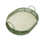 Bandeja Oval de Palha Cestaria com Base de Madeira Verde 45cm - Ela Decora
