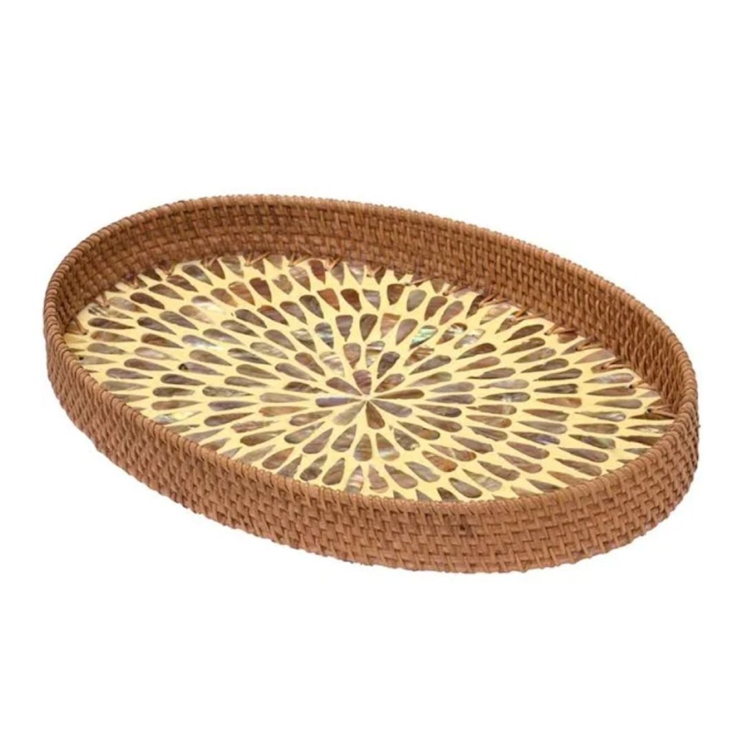 Bandeja Oval Rattan e Madrepérola 40cm - Ela Decora