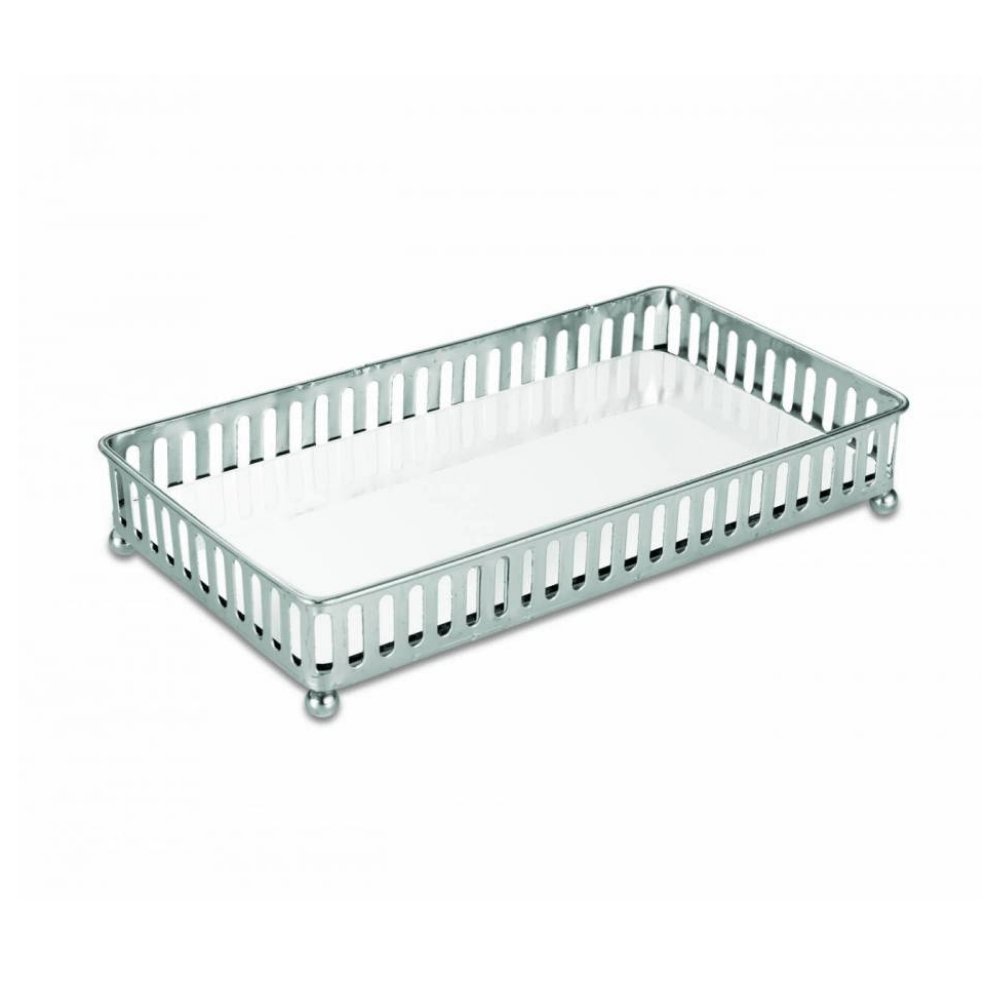 Bandeja Prata em Metal Com Interior Espelhado Retangular - 23,5 - Ela Decora