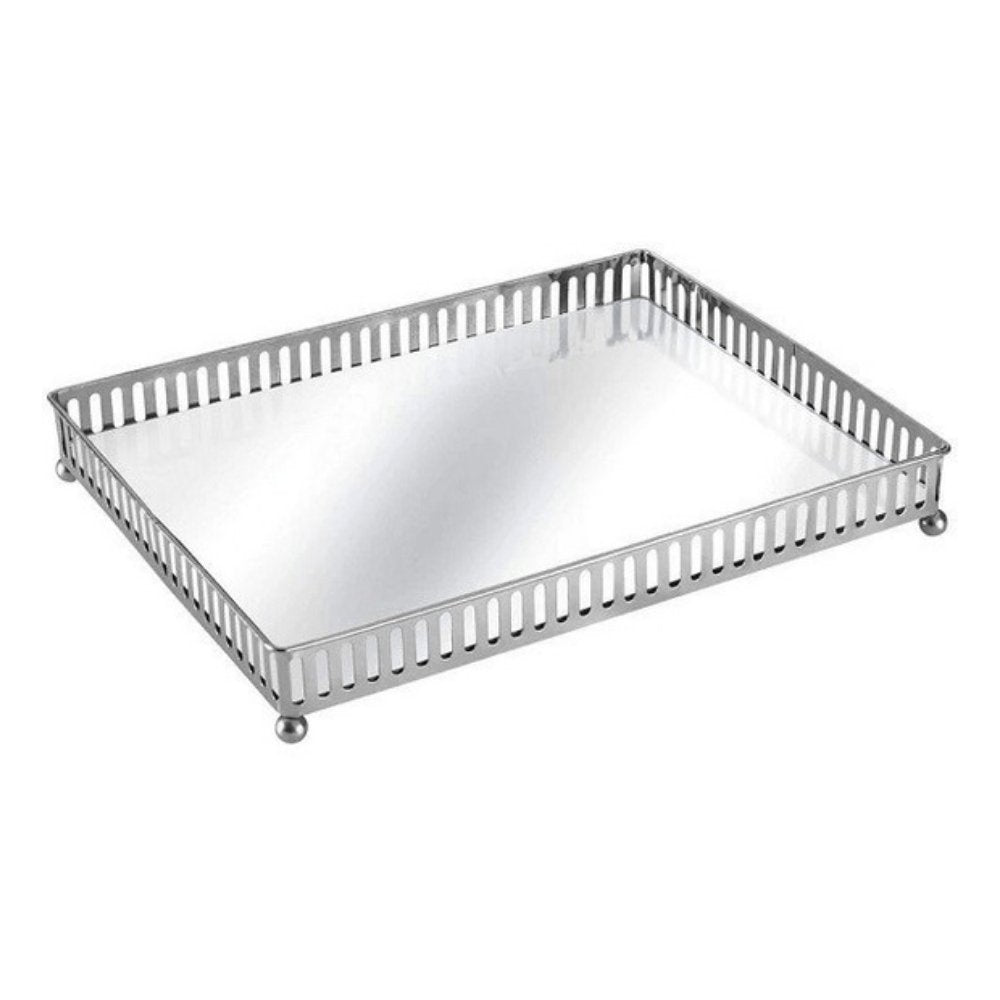 Bandeja Prata em Metal Com Interior Espelhado Retangular - 30,5 cm - Ela Decora