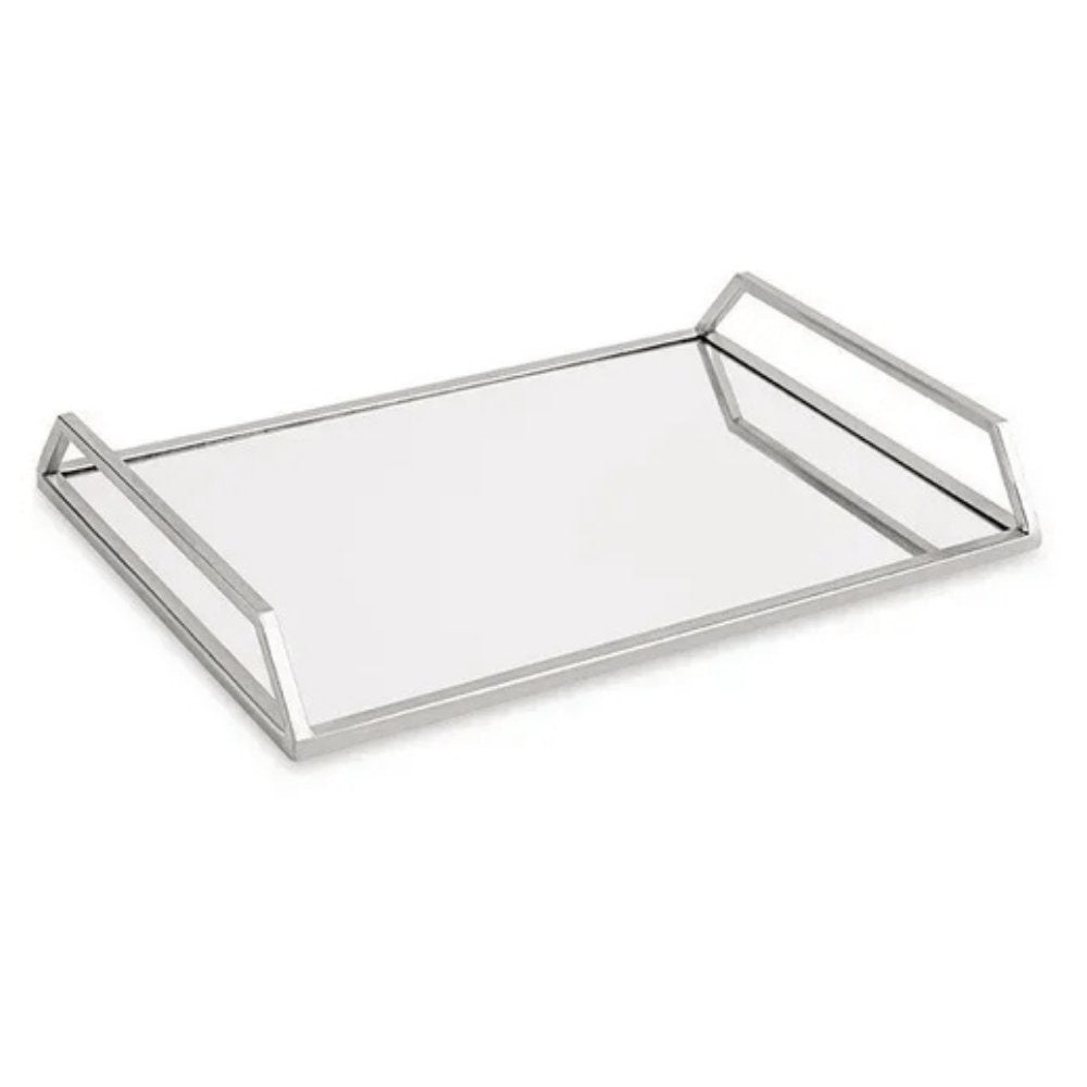 Bandeja Prata em Metal Interior Espelhado Retangular com Alça - 38 cm - Ela Decora