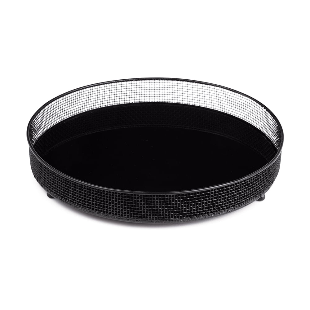 Bandeja Redonda Preta Em Metal Com Espelho Preto 4 x 24,5 cm - Ela Decora