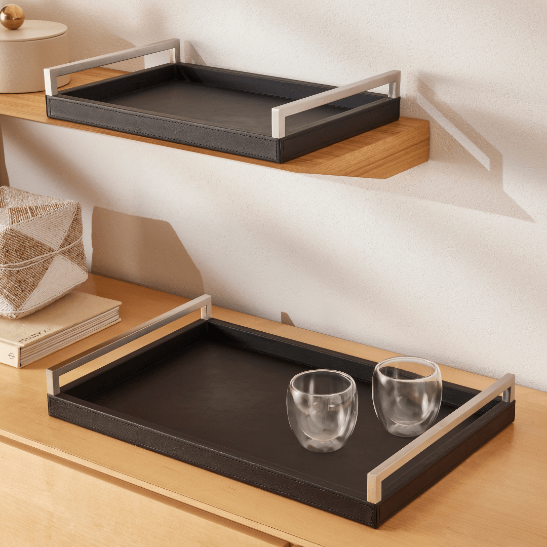 Bandeja Retangular em MDF e PU Preta 51cm - Ela Decora