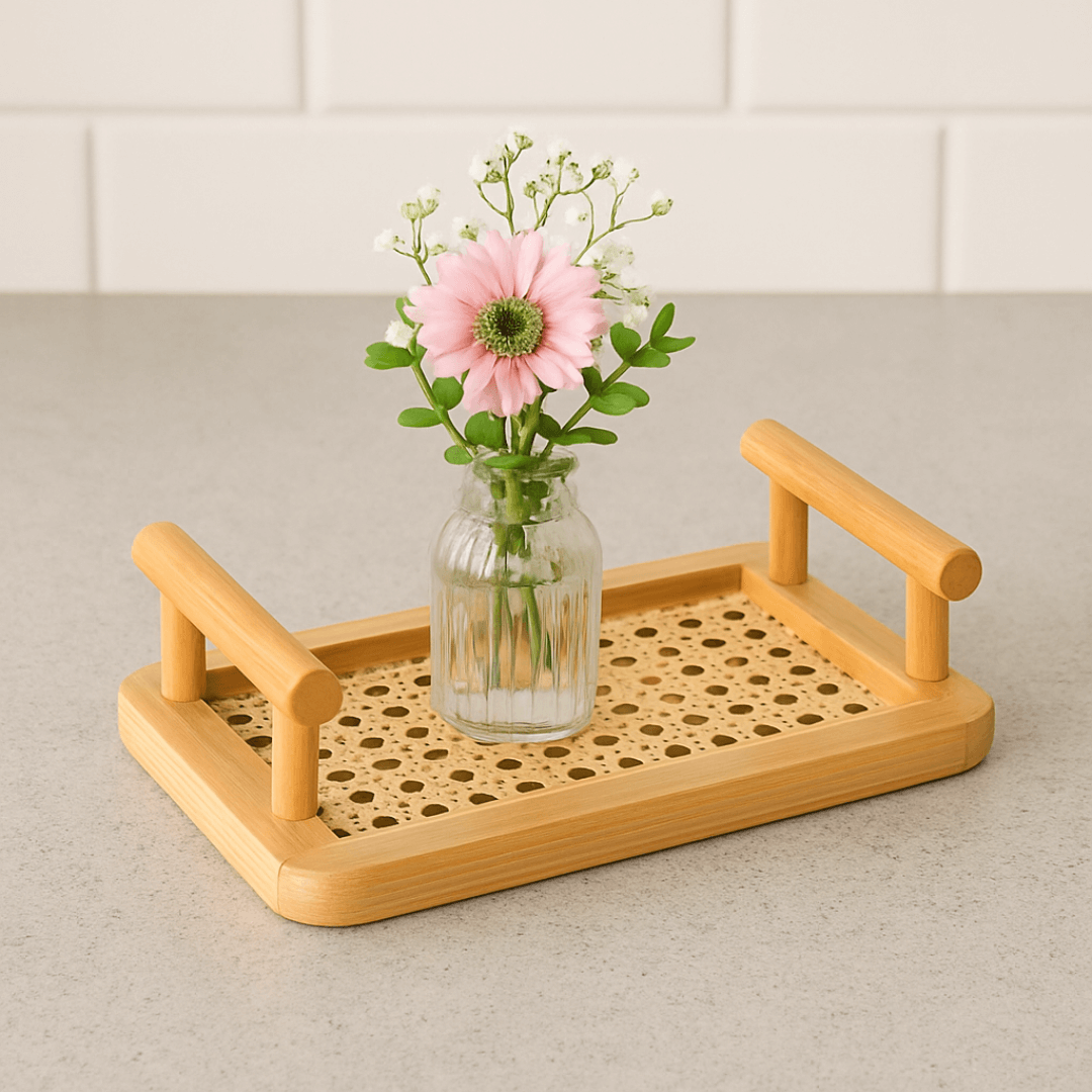 bandeja com alça de bambu com vaso de flor