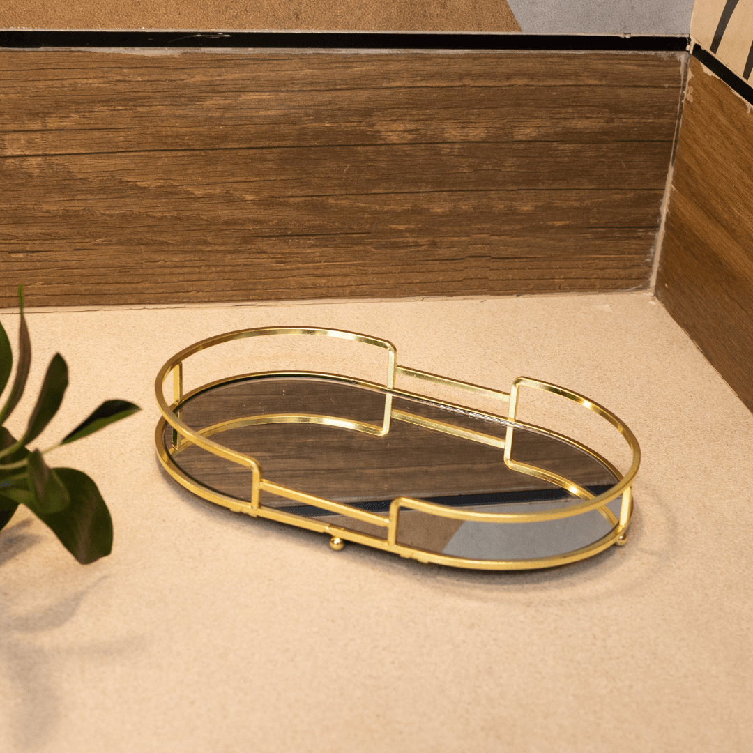 bandeja oval dourado com espelho