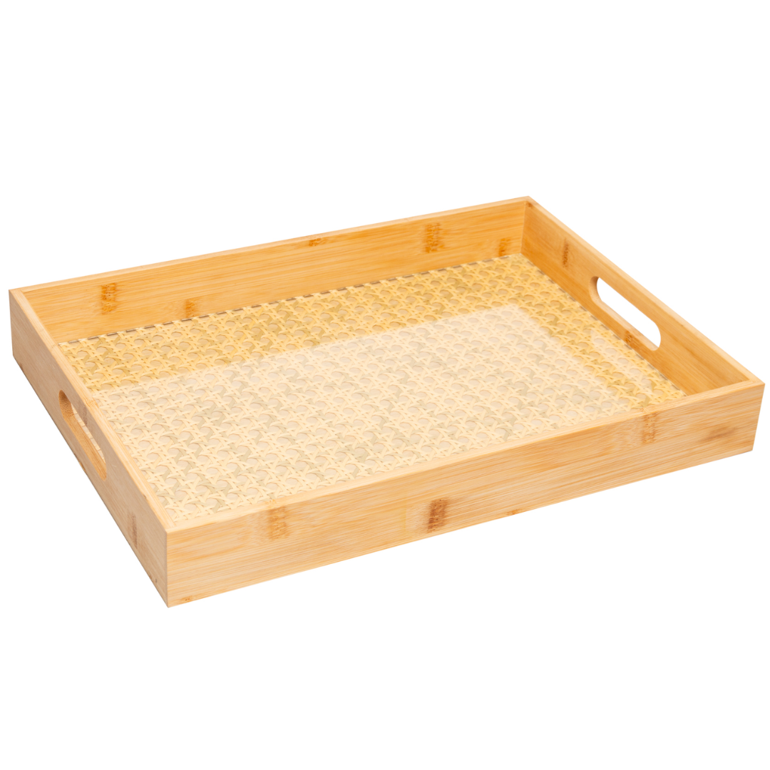 Bandeja de bambu grande com alças e fundo trelica 48cm