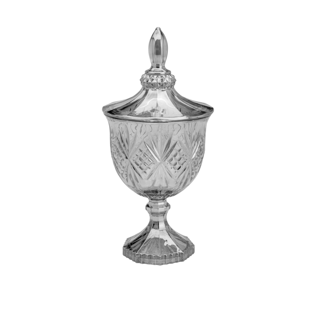 Bomboniere Potiche com Pé De Cristal Dublin Cinza Metalizado 24,5 cm - Ela Decora