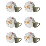 Jogo completo 6 xícaras café pires butterfly detalhes florais