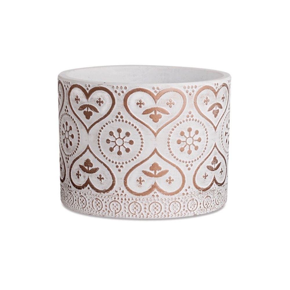 Cachepot Branco e Rose Gold em Cimento Corações - 13,5 cm - Ela Decora