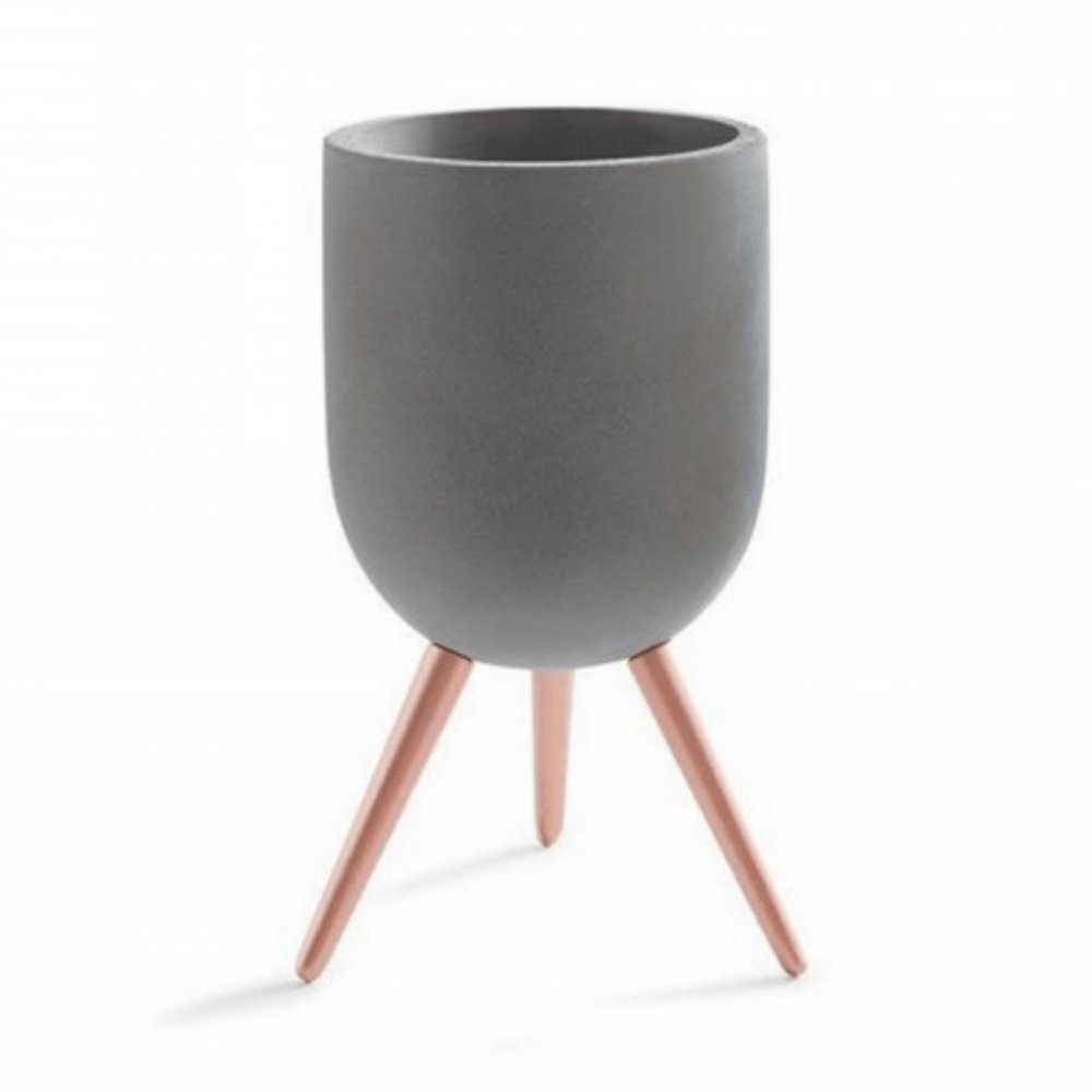 Cachepot Cimento Cinza Com Suporte Em Metal Rose Gold - 20,5 cm - Ela Decora