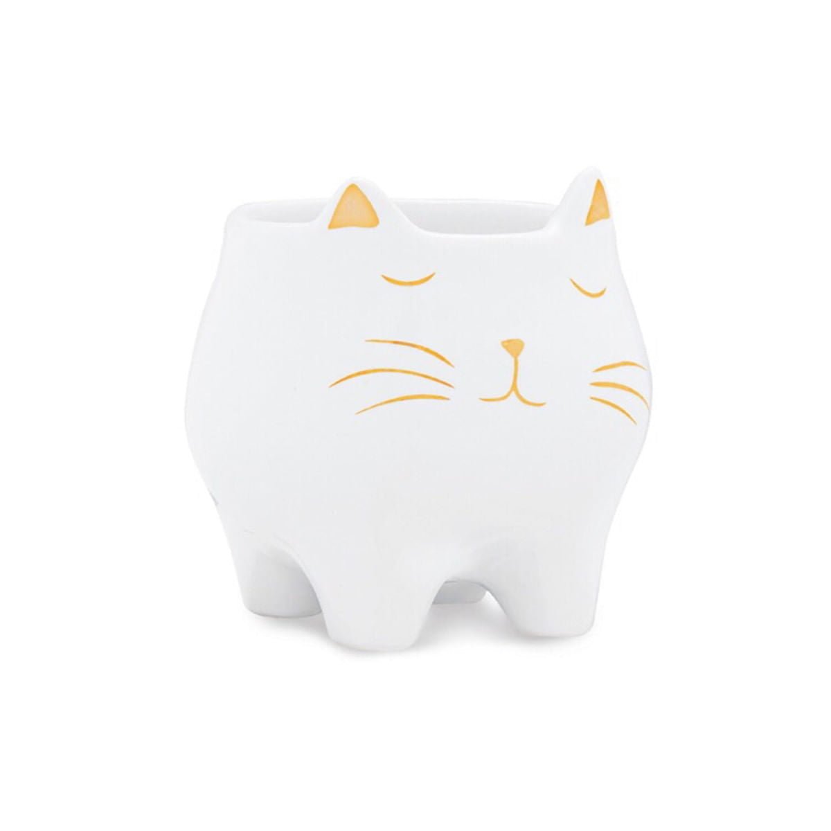 Cachepot Gato Em Cerâmica Branco Com Dourado - 10,5 cm - Ela Decora
