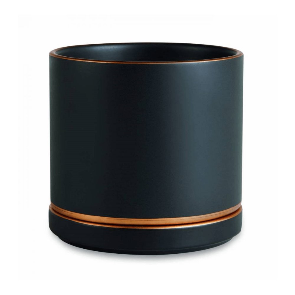 Cachepot Preto e Dourado em Cerâmica com Base (G) - 14 cm - Ela Decora