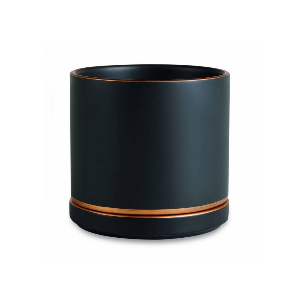 Cachepot Preto e Dourado em Cerâmica com Base (P) - 11 cm - Ela Decora