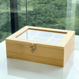 Caixa Porta Saches de Chá em Bambu com tampa transparente