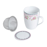 Caneca de Porcelana com Tampa e Filtro Difusor Rose Rosa Branco 310ml - Ela Decora