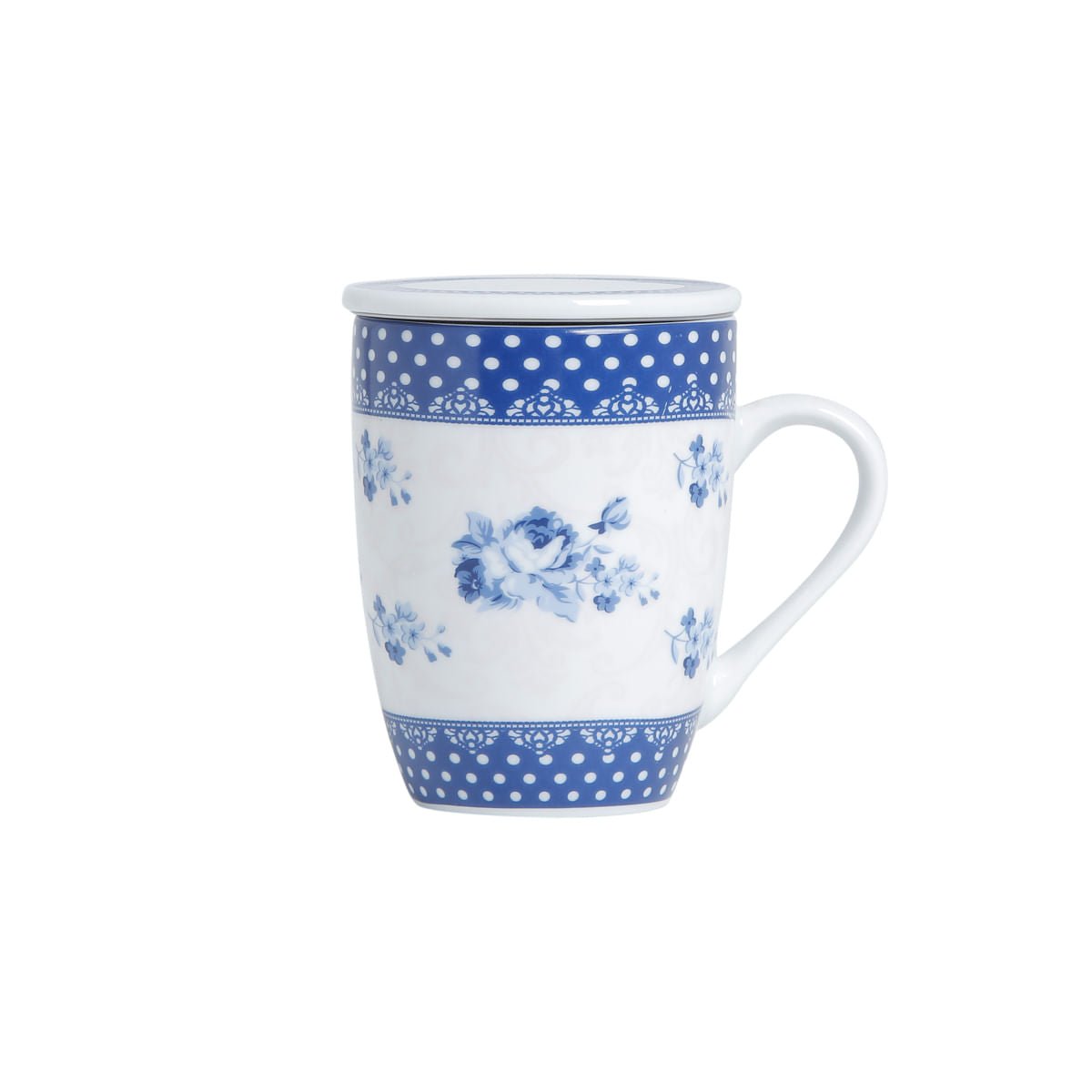Caneca de Porcelana com Tampa e Filtro Infusor Elsa Azul Branco 310ml - Ela Decora