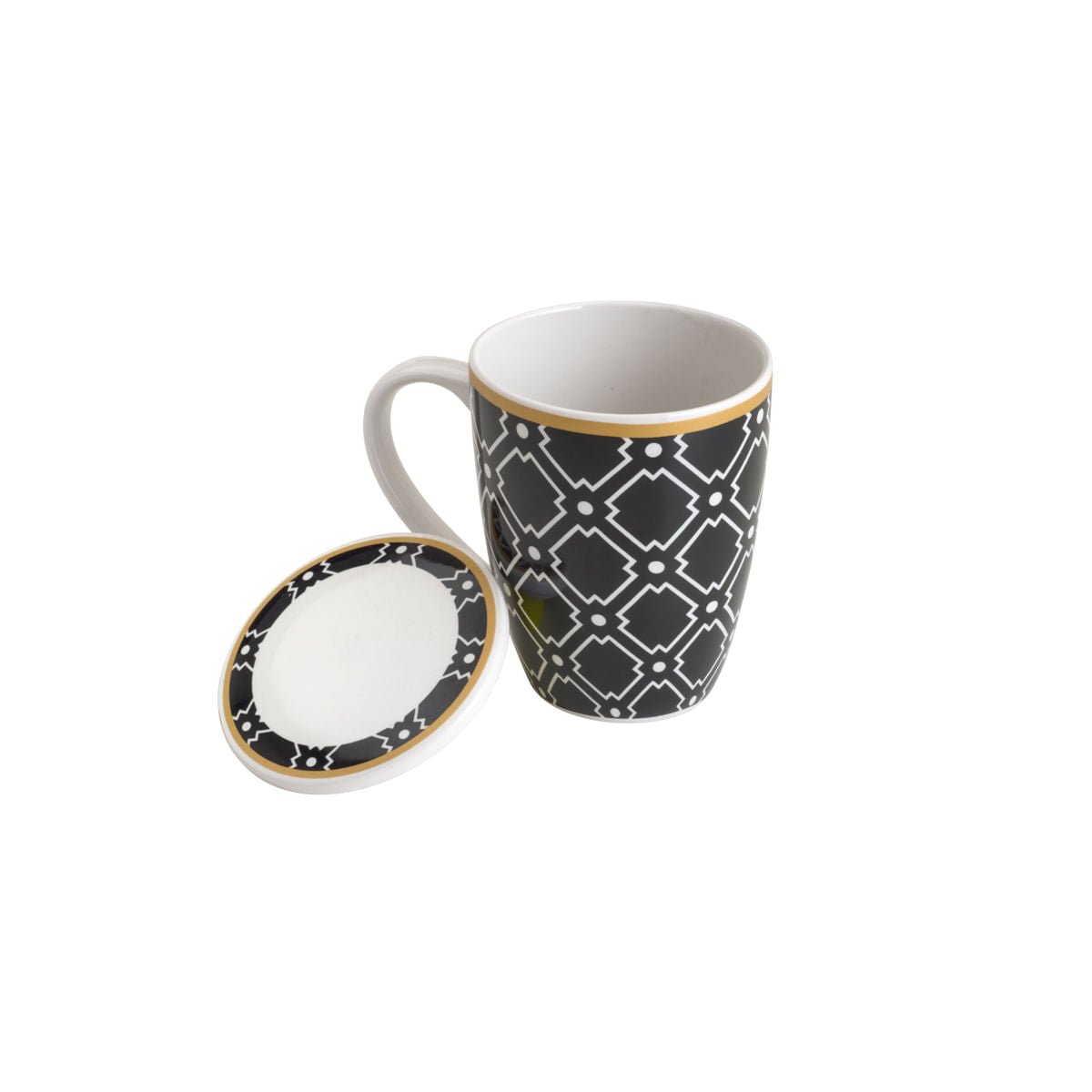 Caneca de Porcelana Super White Com Tampa e Filtro Alexandria Preto com Branco e Dourado 310ml - Ela Decora