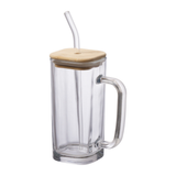 Caneca 290ml vidro transparente com alça e tampa de madeira