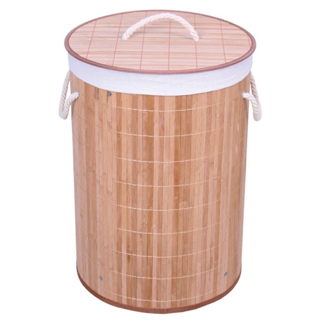 Cesto de Roupas Redondo Bambu com Tampa 60cm - Ela Decora