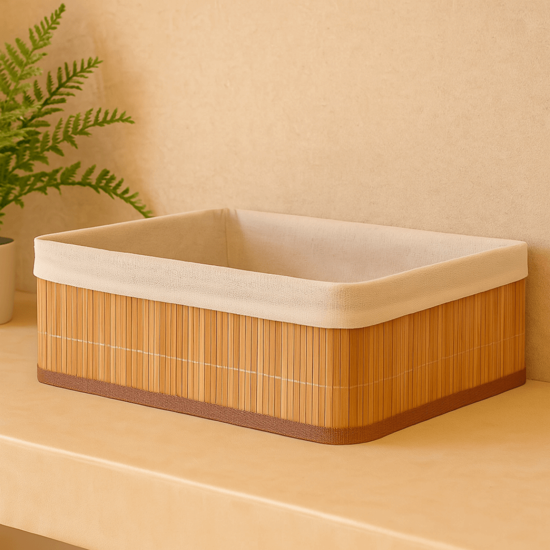 caixa de bambu com pano branco na bancada do banheiro