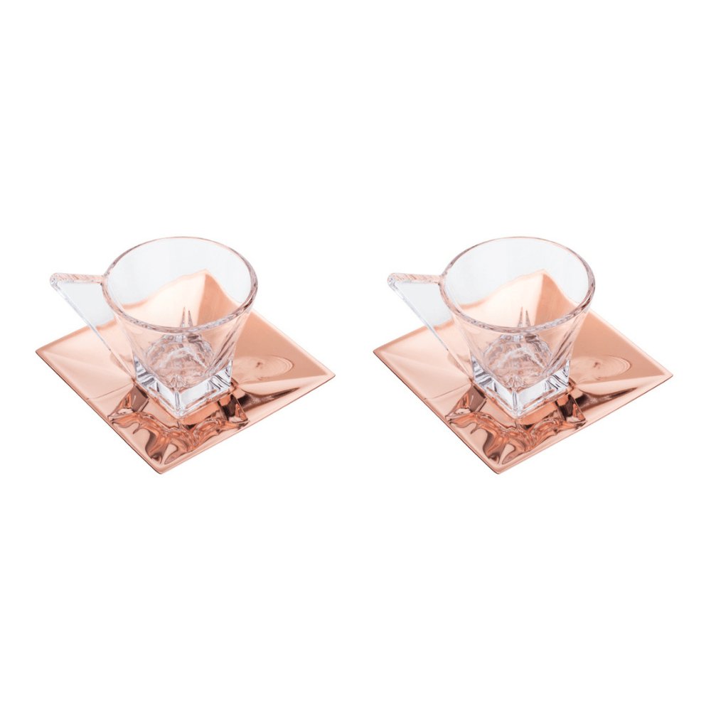Conjunto 2 Xícaras De Vidro Para Café Com Pires Veneza Rose Gold - 70ml - Ela Decora