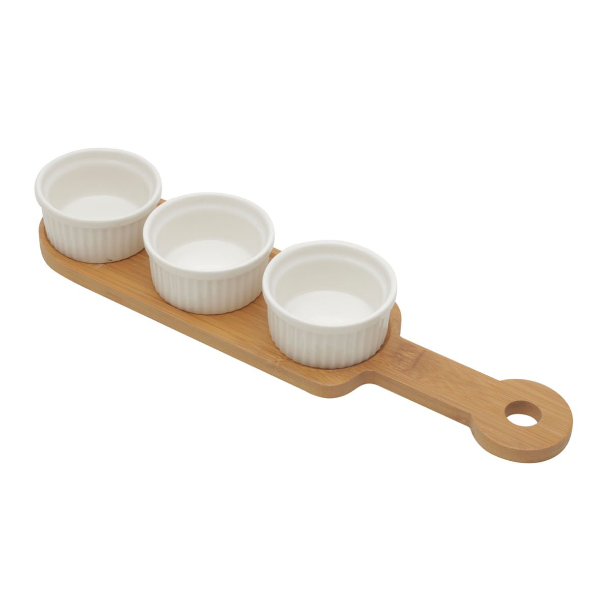 Conjunto 3 Petisqueiras Porcelana com Suporte Bambu 33cm - Ela Decora