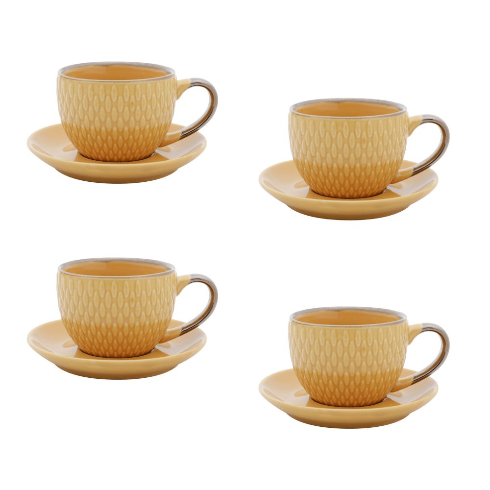 Conjunto 4 Xícaras de Café Com Pires Porcelana Amarelo Drops com Detalhe Metalizado - 90ml - Ela Decora