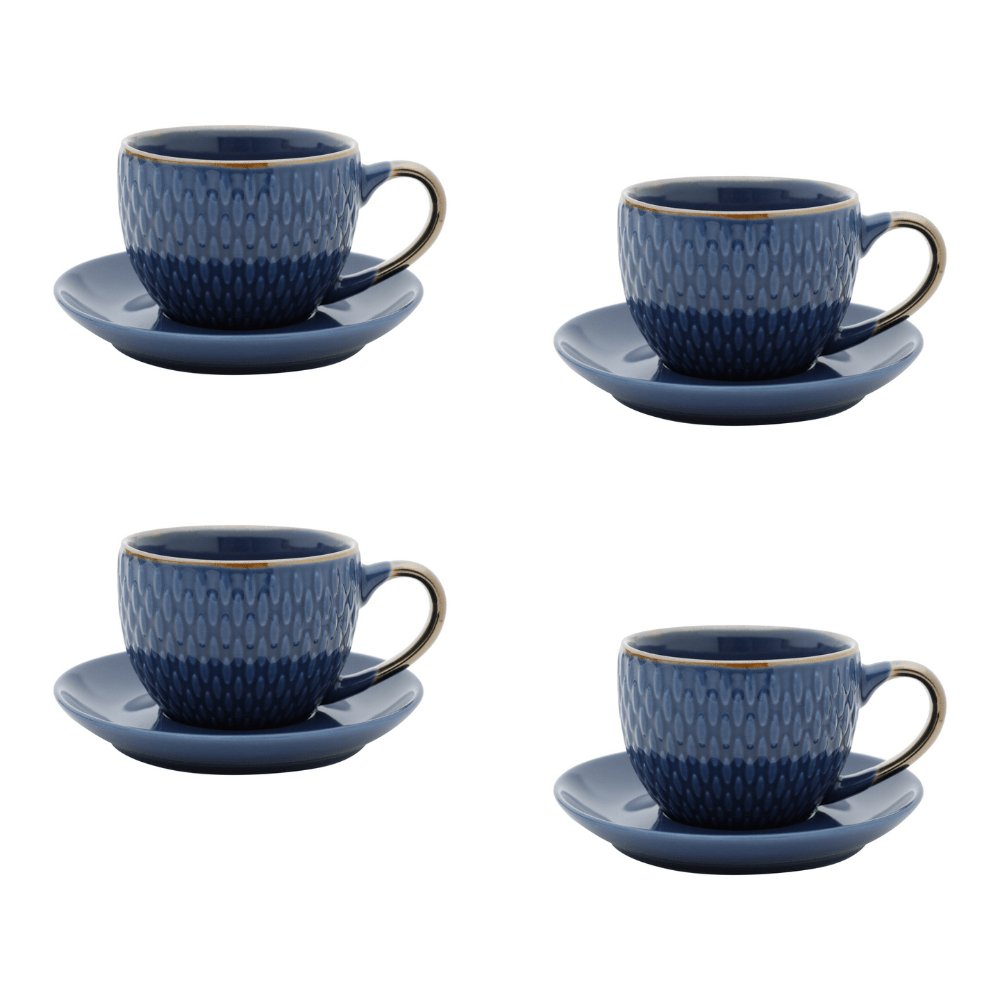 Conjunto 4 Xícaras de Café Com Pires Porcelana Azul Drops com Detalhe Metalizado - 90ml - Ela Decora