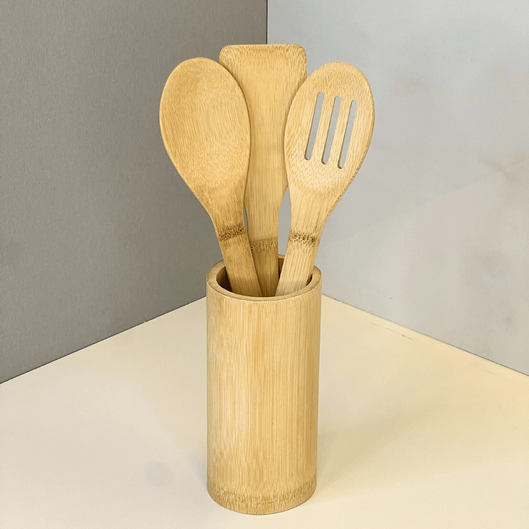 Conjunto de 3 Utensílios com Suporte de Bambu 30x8cm - Ela Decora